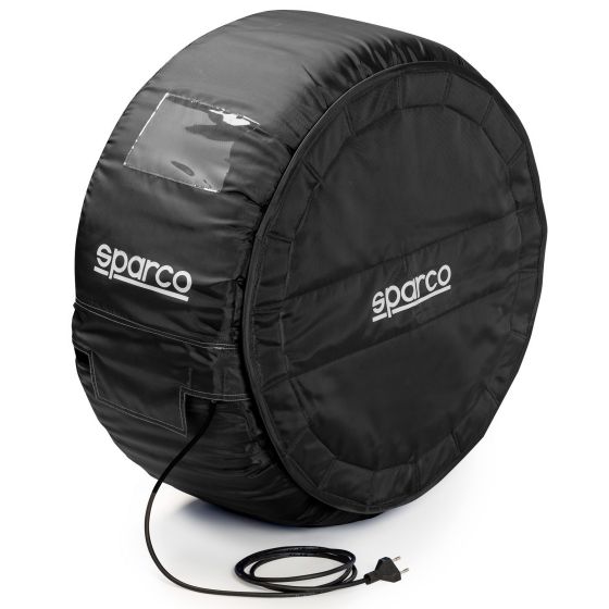 Black Sparco adjustable temperature tyre warmers, set of four, featuring an analogue display and a durable material, designed for size 7 tyres, with a visible power cord.