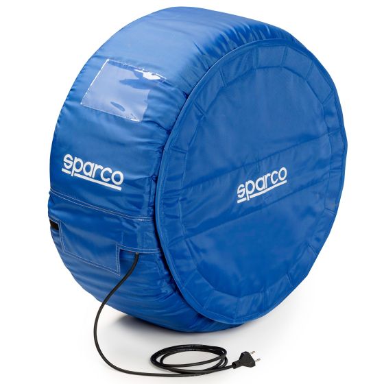 Blue Sparco adjustable temperature tyre warmers, made from durable material, featuring an analogue control, size 6, and sold as a set of 4 with a power cord for easy use.
