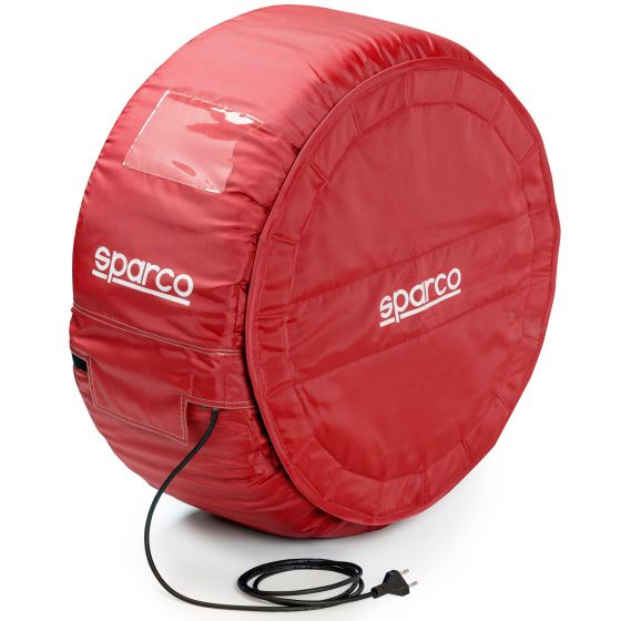 Red Sparco adjustable temperature tyre warmers, made of durable material, featuring an analogue display, designed for size 4 tyres, sold as a set of four.