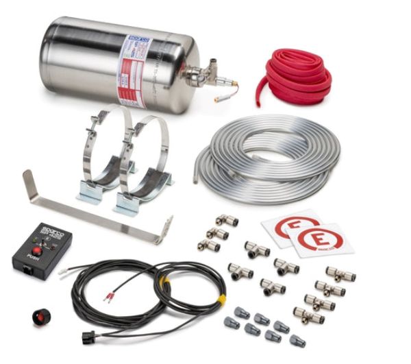 Silver steel 4.25-liter electric extinguisher system with red hose, metal brackets, silver tubing, control panel, and various connectors and stickers, all arranged neatly.