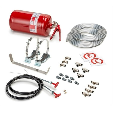 Red 4.25-liter mechanical steel extinguisher with a nozzle, metal mounting brackets, silver hose, various fittings, and red pull handles, designed for fire suppression.
