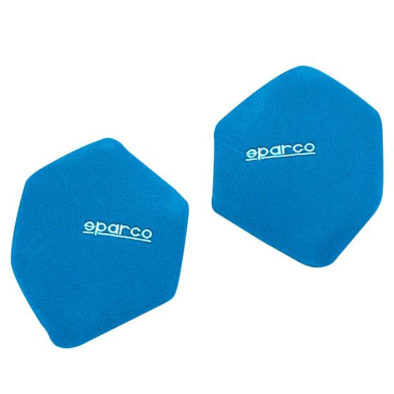 Bright blue hexagonal side/kidney pads with a soft, textured surface and white "Sparco" logo, designed for added support and comfort in racing seats.