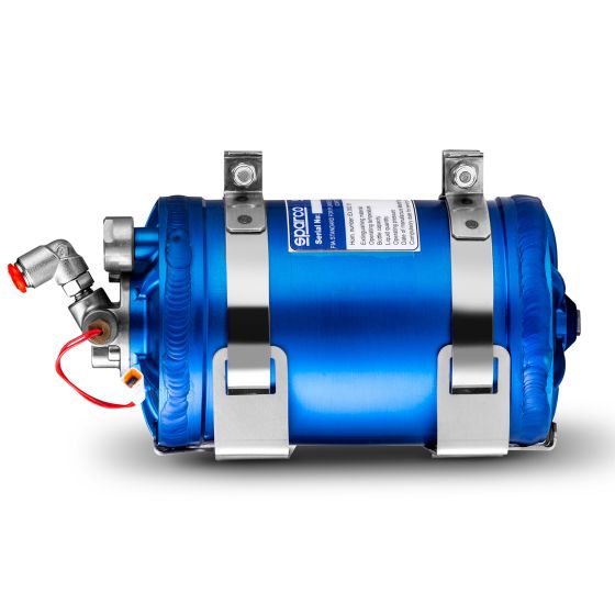 Bright blue metal fire extinguisher with a cylindrical shape, featuring a silver mounting bracket, a nozzle, and a label with safety instructions.