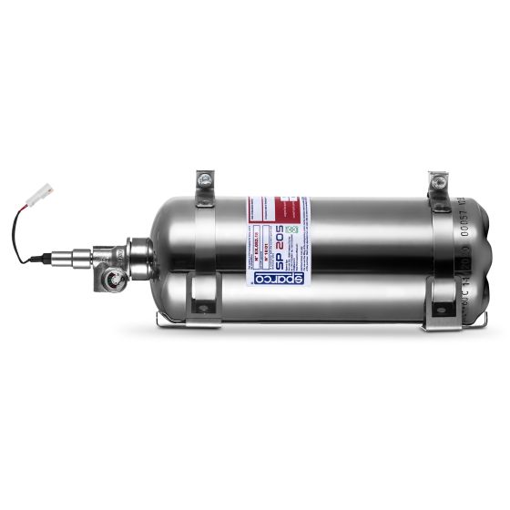 Sparco SP-205 2.5 Litre Electrical Fire Extinguisher System in stainless steel, featuring a pressure gauge, mounting brackets, and a red and blue label with specifications.