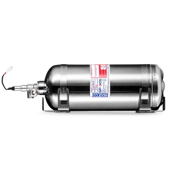 Sparco SP-305 3.9 Litre electrical fire extinguisher system in a silver metal cylinder with a pressure gauge, mounted on a sturdy black frame, featuring a red and blue label.