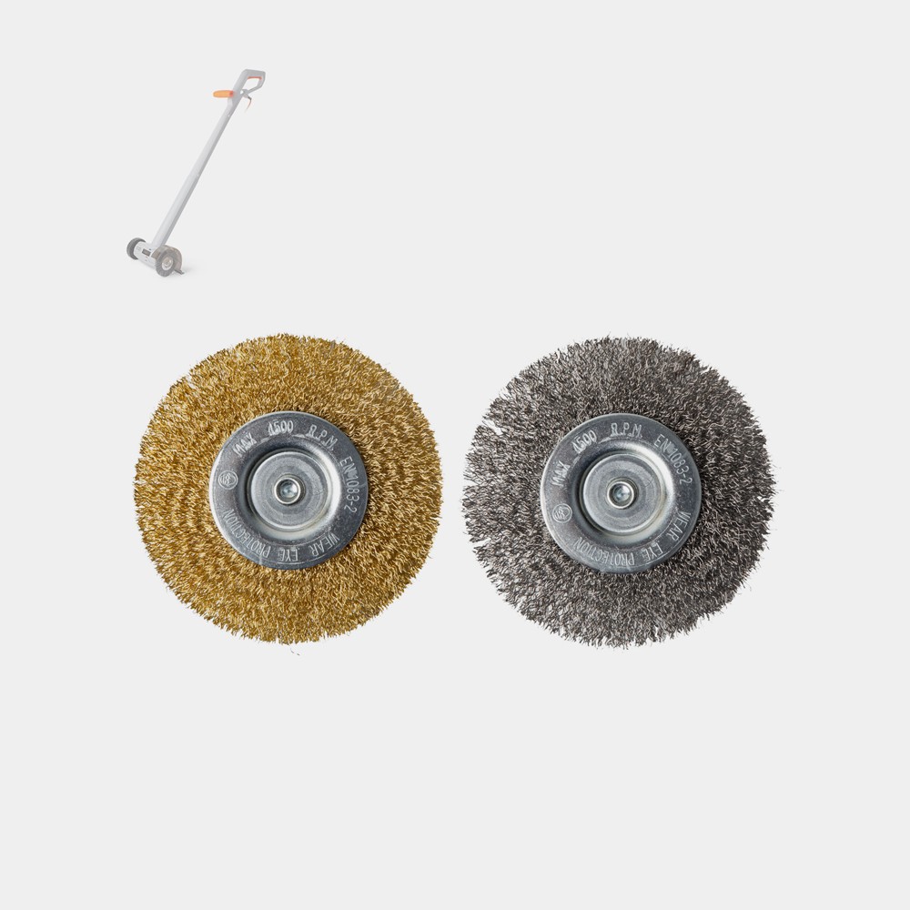 Two steel weed sweeper brushes, one gold and one silver, featuring a central metal hub, designed for use with corded weed sweepers.