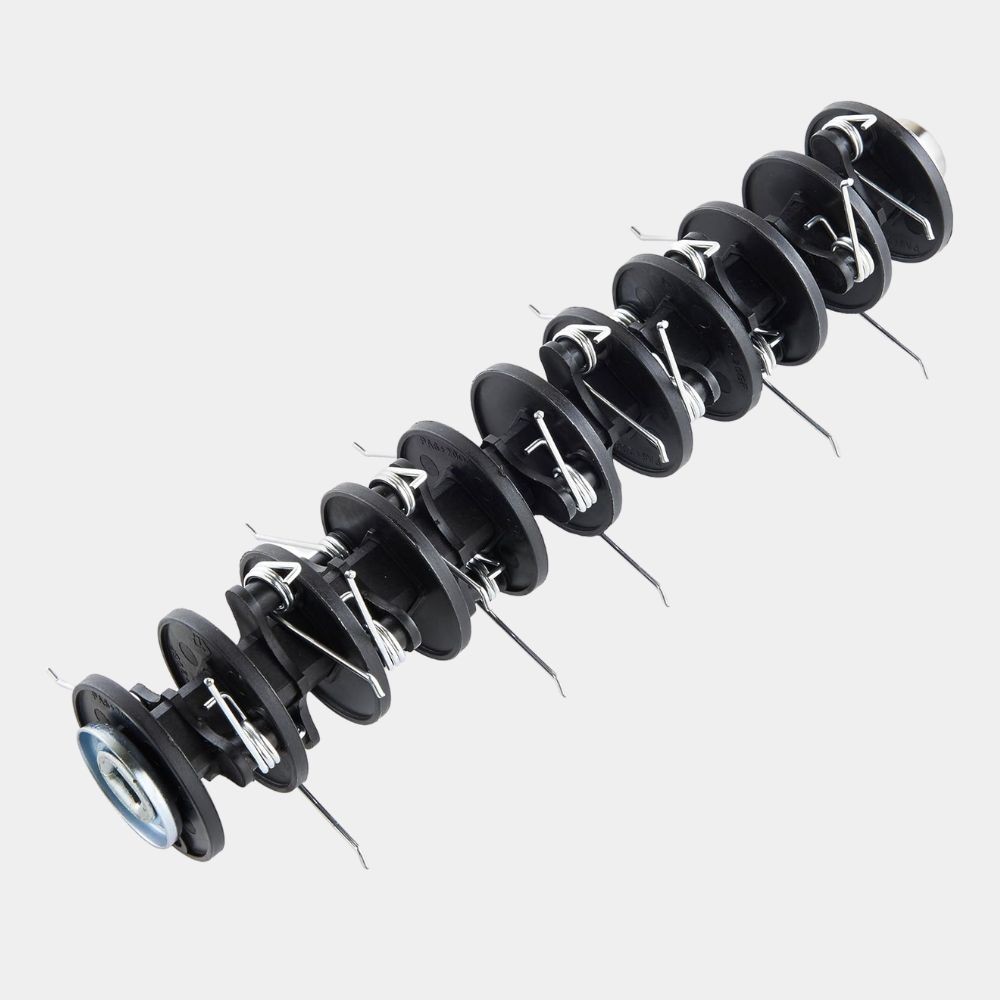 Black spare scarifier rake drum with multiple metal tines, designed for 1800W-2000W scarifiers and aerators, featuring a central metal hub for attachment.