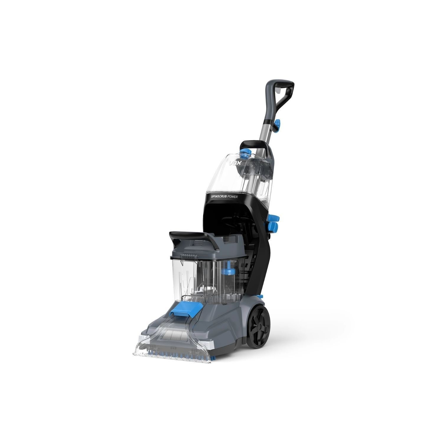 Vax CDCW-SSXS SpinScrub Power Carpet Washer in grey and tiger blue features a transparent water tank, dual brushes, and a sturdy handle for easy maneuverability.