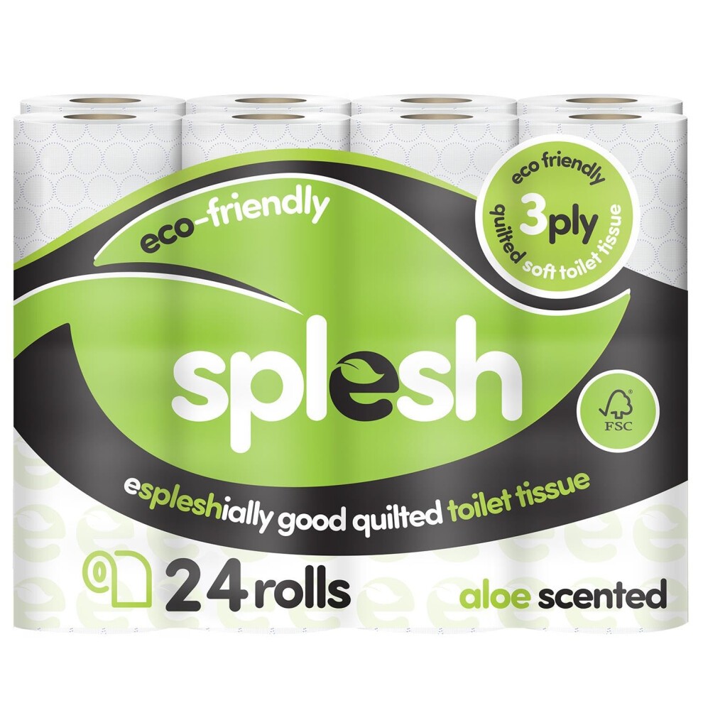 24-pack of Splesh eco-friendly toilet rolls, featuring a green and white design, 3-ply quilted texture, and aloe scent, with clear labeling on the packaging.
