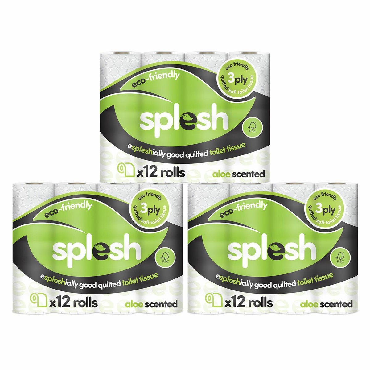 Quilted luxury toilet tissue paper in white, featuring 36 rolls packaged in three stacks of 12, labeled with "Splesh" and "aloe scented," highlighting eco-friendly qualities.
