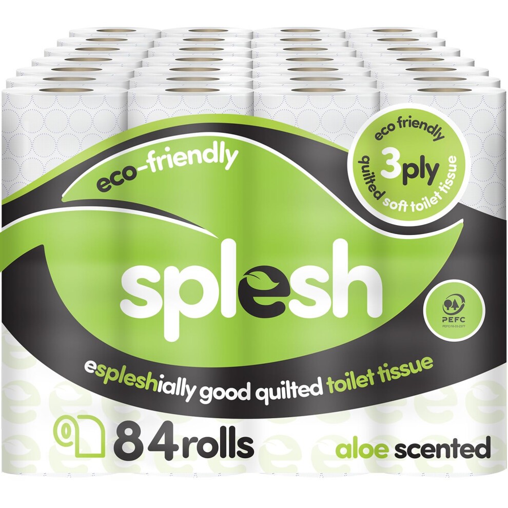 Bulk pack of 84 white quilted toilet rolls, featuring 3-ply construction and an aloe vera fragrance, with green and white packaging labeled "splesh" and eco-friendly branding.