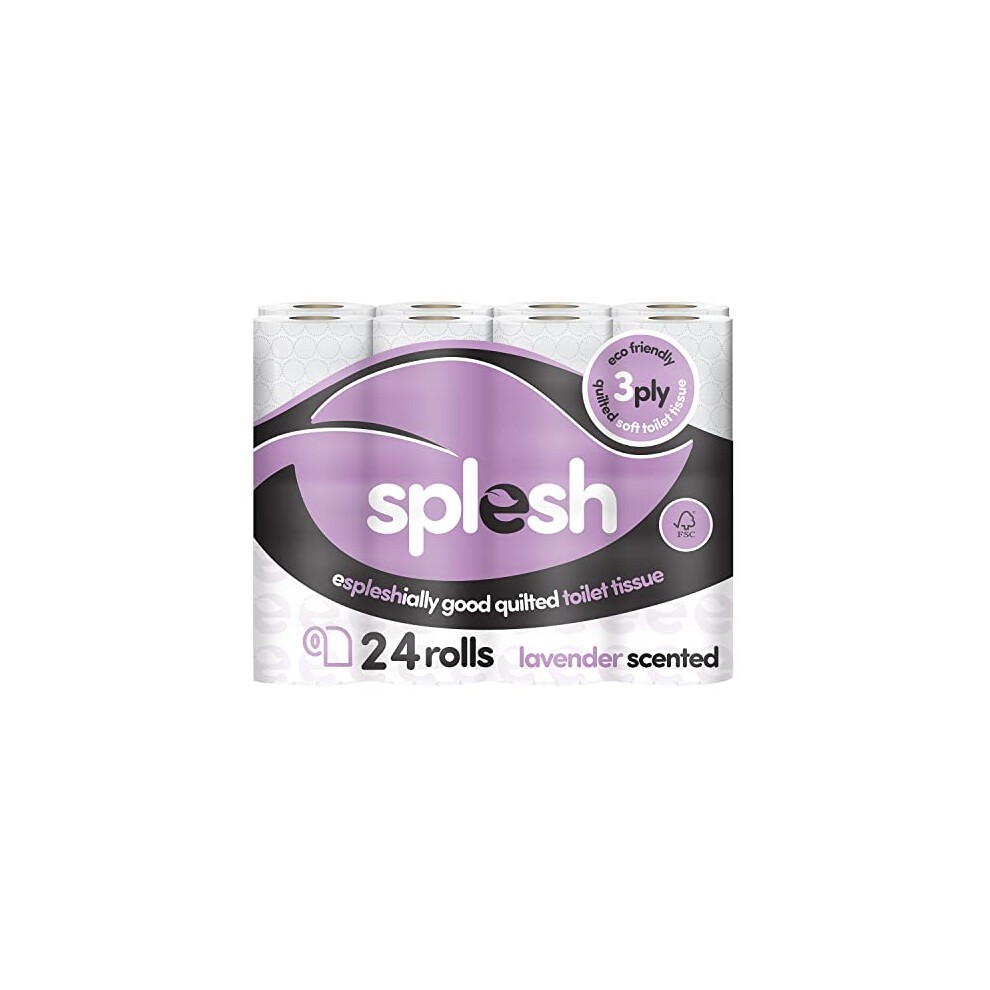 Lavender scented toilet tissue rolls in a 24-pack, featuring a white and purple design with "Splesh" branding and indicating 3-ply quality.