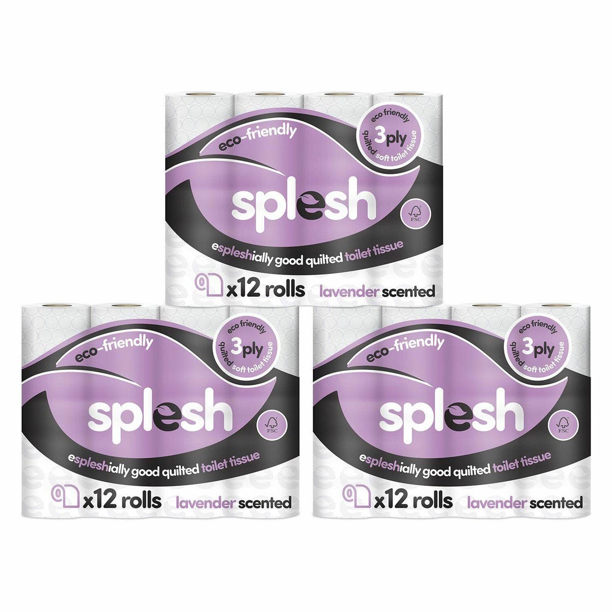 Three packs of Splesh toilet tissue featuring quilted texture, lavender fragrance, and eco-friendly branding, each containing 12 rolls of 3-ply white paper.