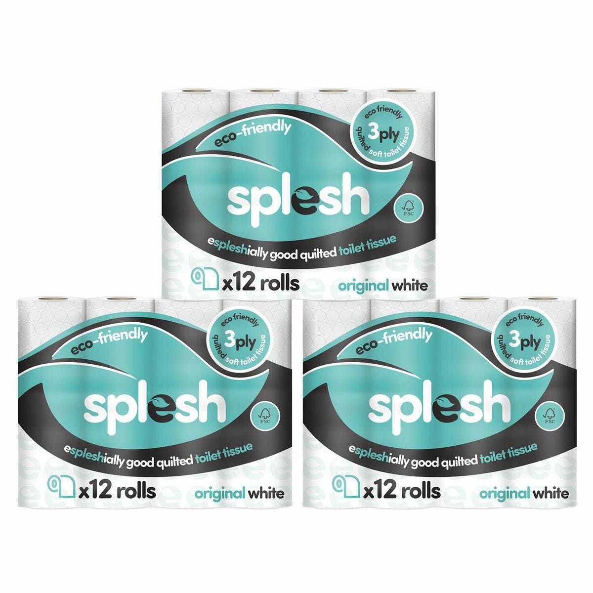 Quilted luxury white toilet tissue paper in eco-friendly packaging, featuring three 12-roll packs of 3-ply softness, branded "Splesh" with a turquoise and black design.