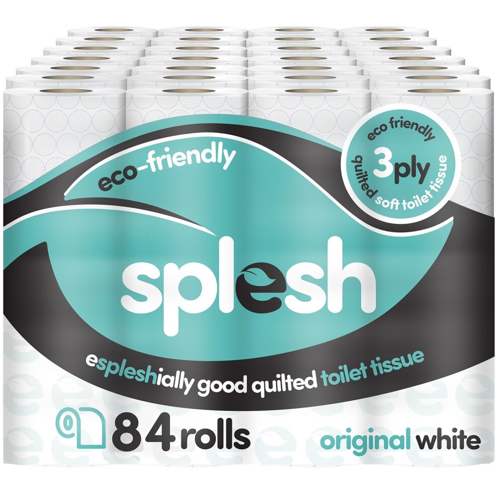 Cusheen Toilet Roll Bulk Buy featuring 84 rolls of quilted white 3-ply toilet tissue, with an eco-friendly label and a teal and white design on the packaging.