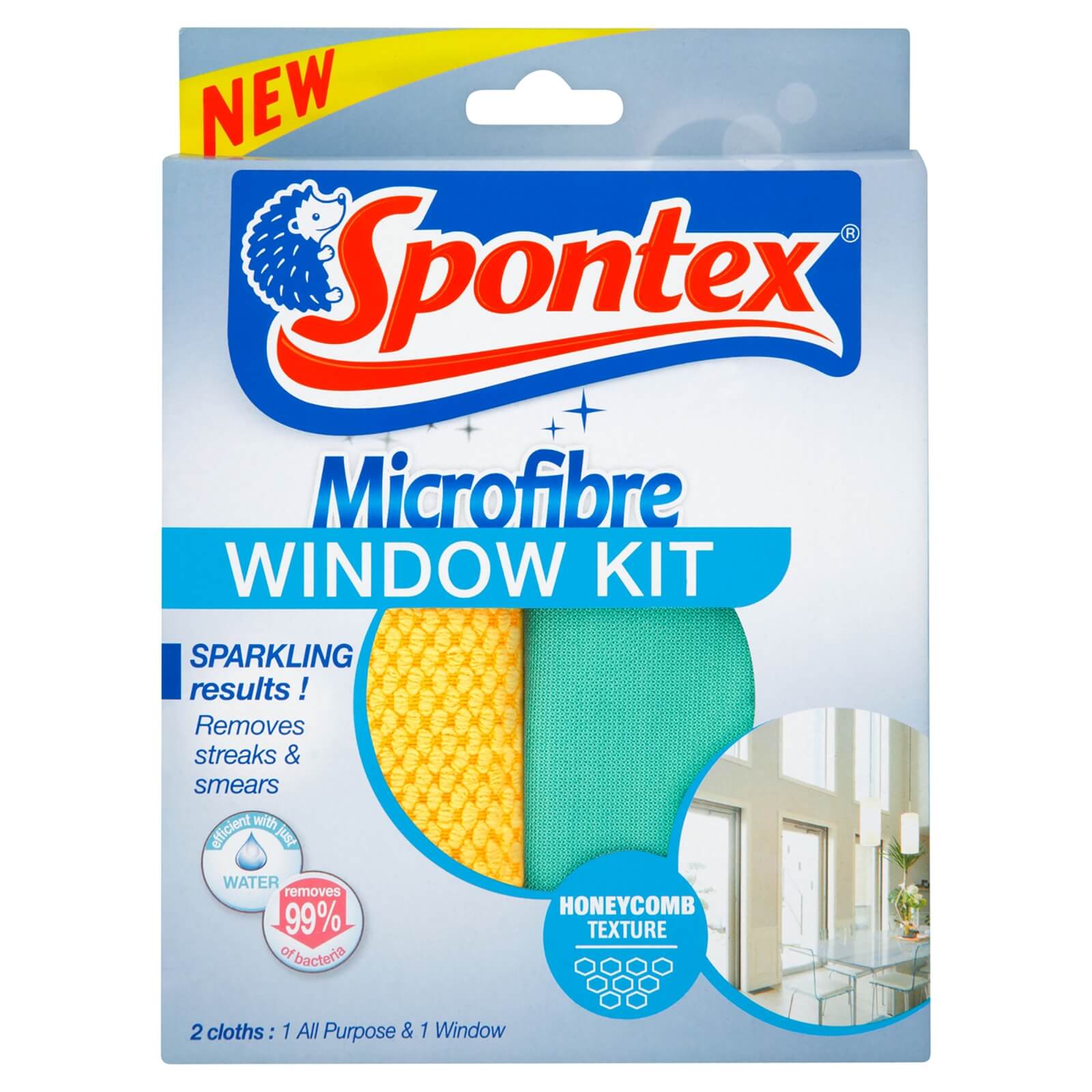Spontex Microfibre Window Kit featuring two cloths, one yellow and one teal, designed to remove streaks and smears with a honeycomb texture for effective cleaning.