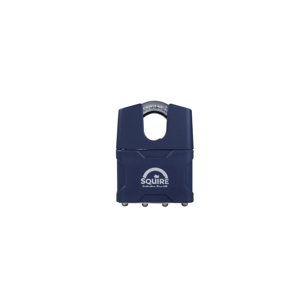Squire 39CS Stronglock padlock in navy blue, featuring a close shackle design, durable metal construction, and the Squire logo prominently displayed on the front.