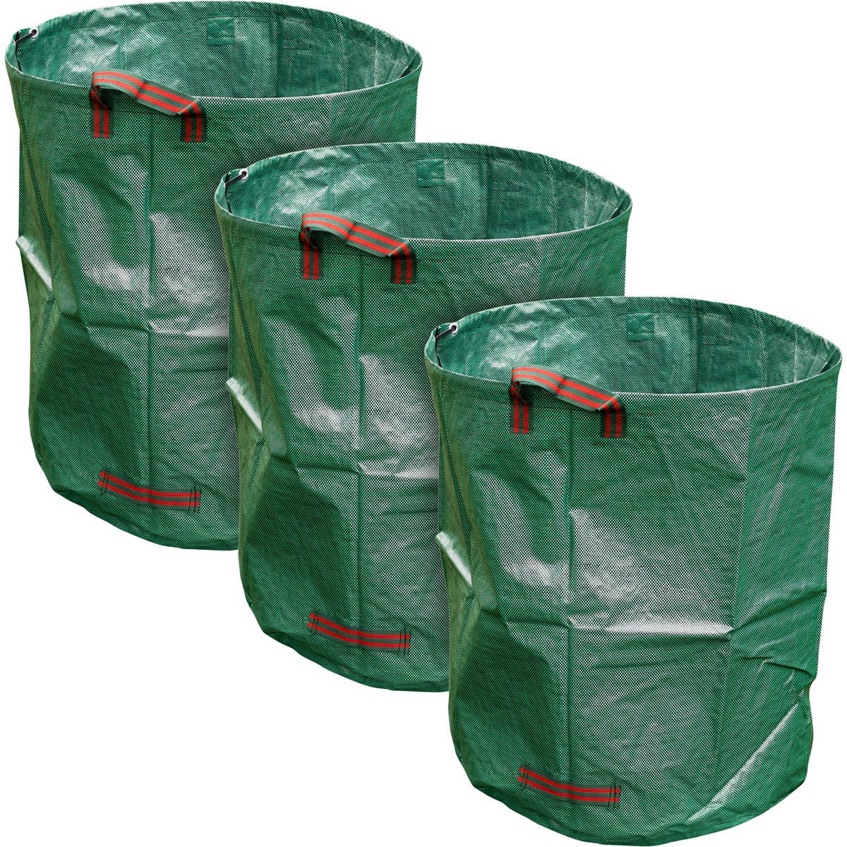 Three heavy-duty green garden debris waste bags with red and black handles, each holding 135 liters, designed for outdoor use and made from durable material.