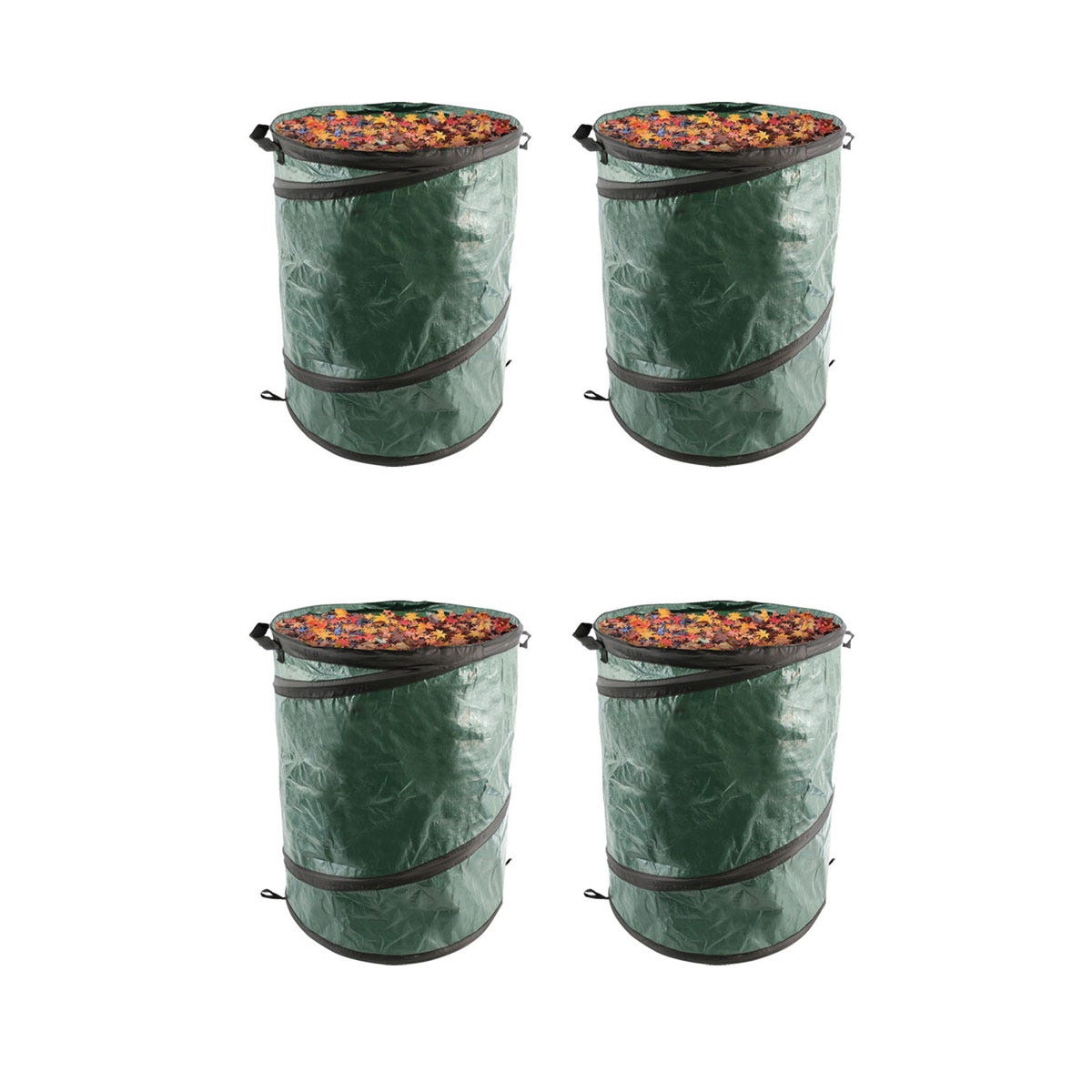 Four green, heavy-duty pop-up garden waste bags with a black rim, each holding colorful garden debris, designed for easy storage and transport.