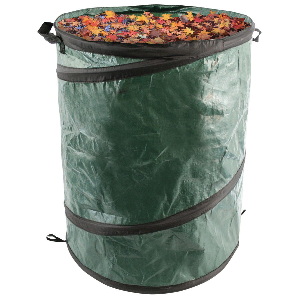 Heavy-duty green pop-up waste bag with a black trim, filled with colorful autumn leaves, designed for garden debris collection, featuring sturdy handles for easy transport.