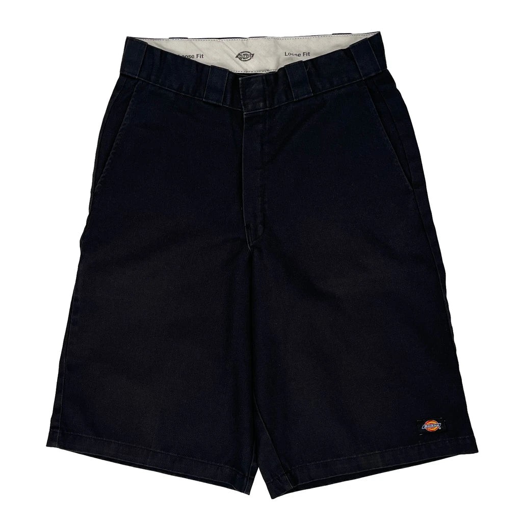 Black cotton Dickies shorts with a 28W 12L size, featuring a classic design, front pockets, and the Dickies logo on the lower leg.