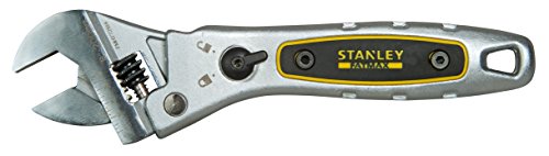 Silver adjustable wrench with a black and yellow rubber grip, featuring a movable jaw for various sizes, marked with "STANLEY FATMAX" on the handle.