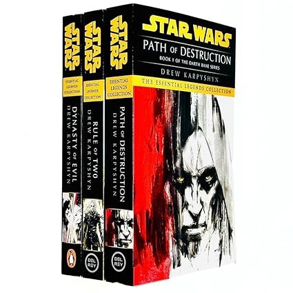 Three paperback books from the "Star Wars Essential Legends" series, featuring bold yellow titles on a black background, with striking cover art depicting Darth Bane.