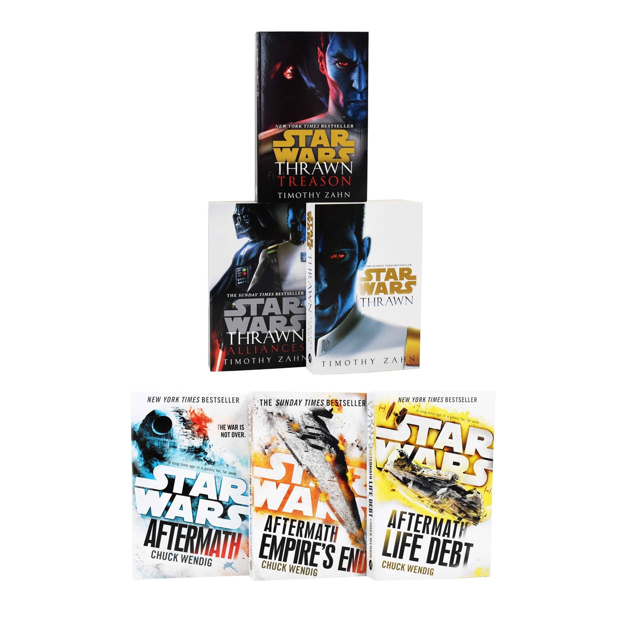 Six hardcover books from the "Star Wars Thrawn Series & Aftermath Trilogy," featuring bold covers with striking artwork, predominantly in blue, black, and white, showcasing the titles and authors.