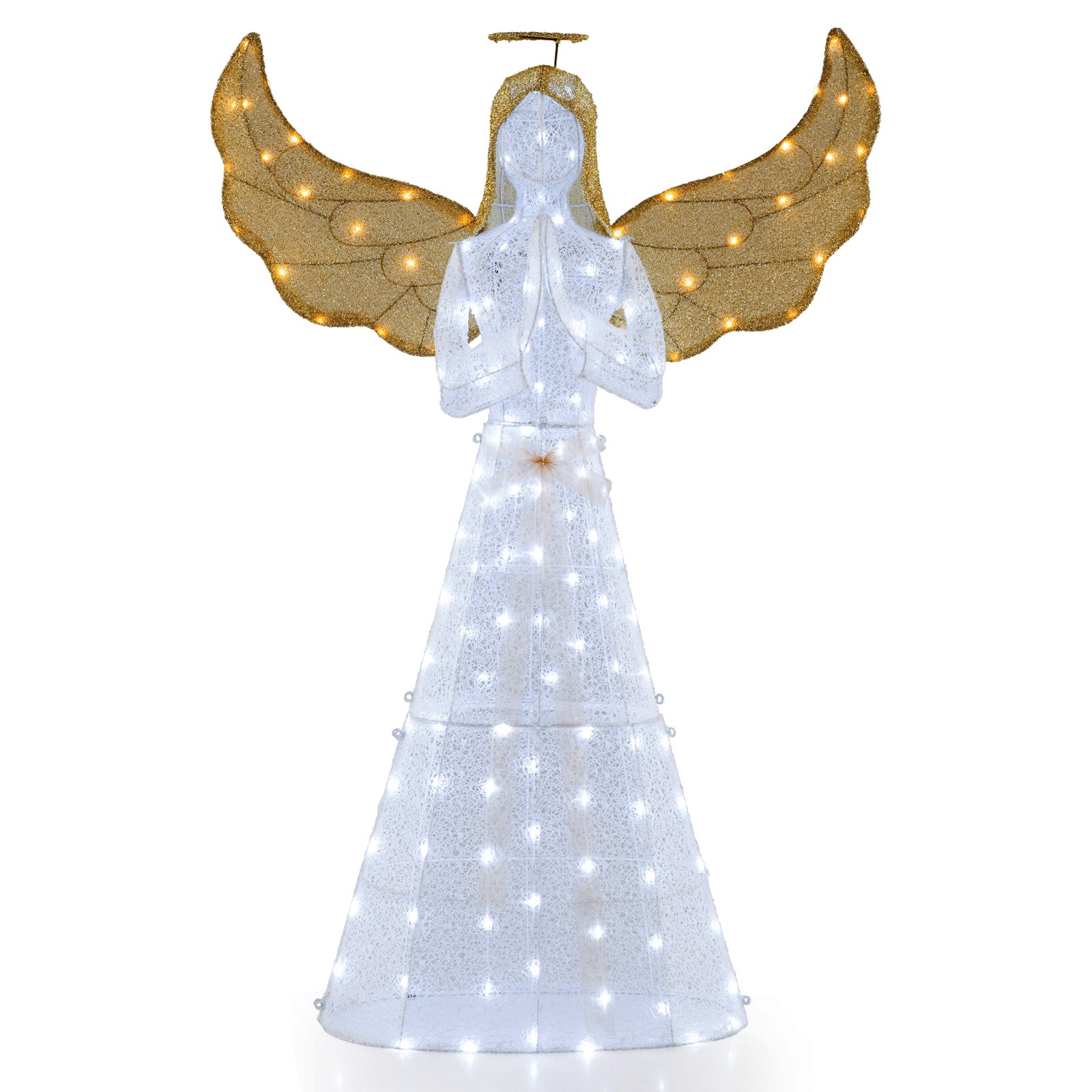 Light-up holiday figure of a praying angel in white mesh material, adorned with 150 LED lights and golden wings, includes zip ties and ground stakes for secure display.