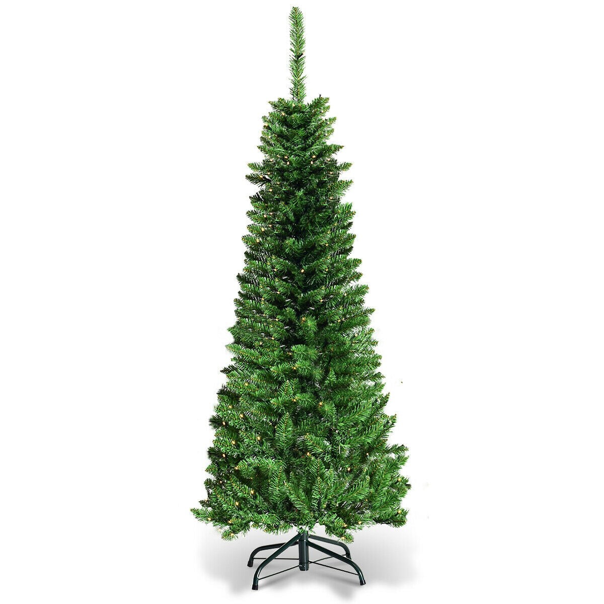Artificial green pencil Christmas tree, 4.5 feet tall, featuring dense branches, a slim profile, and pre-lit LED lights, supported by a sturdy metal base.