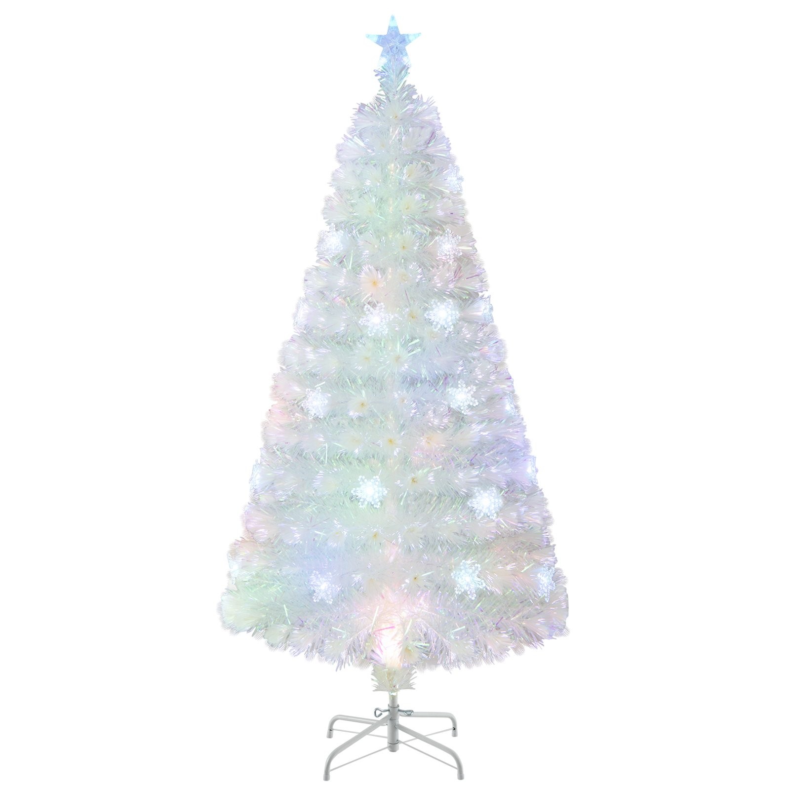 Artificial fiber optic Christmas tree, 4/5/6 feet tall, pre-lit with multicolored lights, featuring a white, snowy appearance and a star topper, mounted on a silver stand.