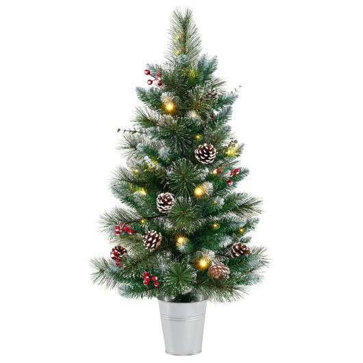 3 ft. tabletop holiday decoration featuring a green PVC and pine needle tree, adorned with red berries, pine cones, and warm white lights, set in a silver pot.