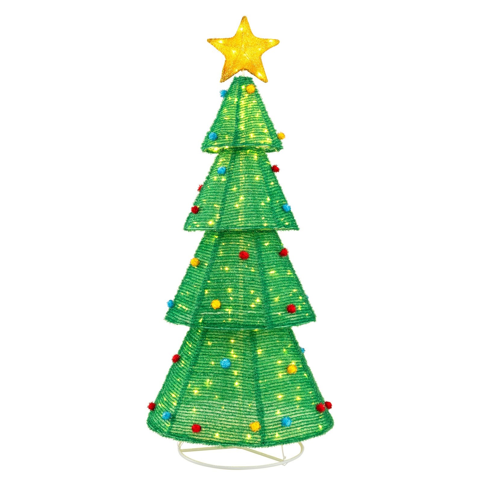 A 190 cm collapsible Christmas tree in vibrant green, adorned with 200 warm LED lights, colorful ornaments, and a shiny yellow star on top.