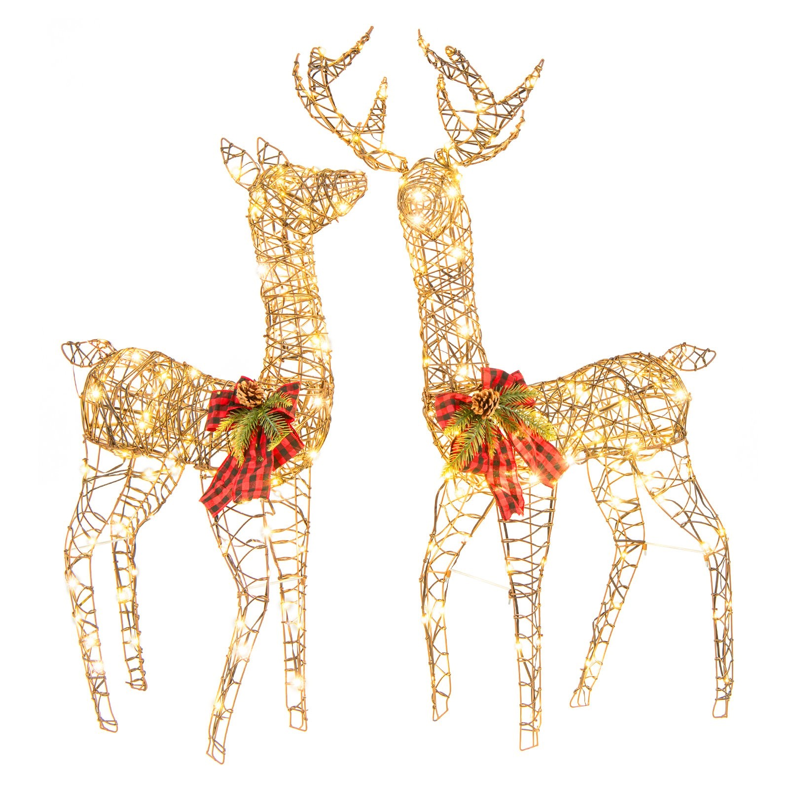 Two illuminated reindeer figures made of gold wire, adorned with red plaid bows, featuring 230 LED lights, and designed for outdoor display with ground stakes.