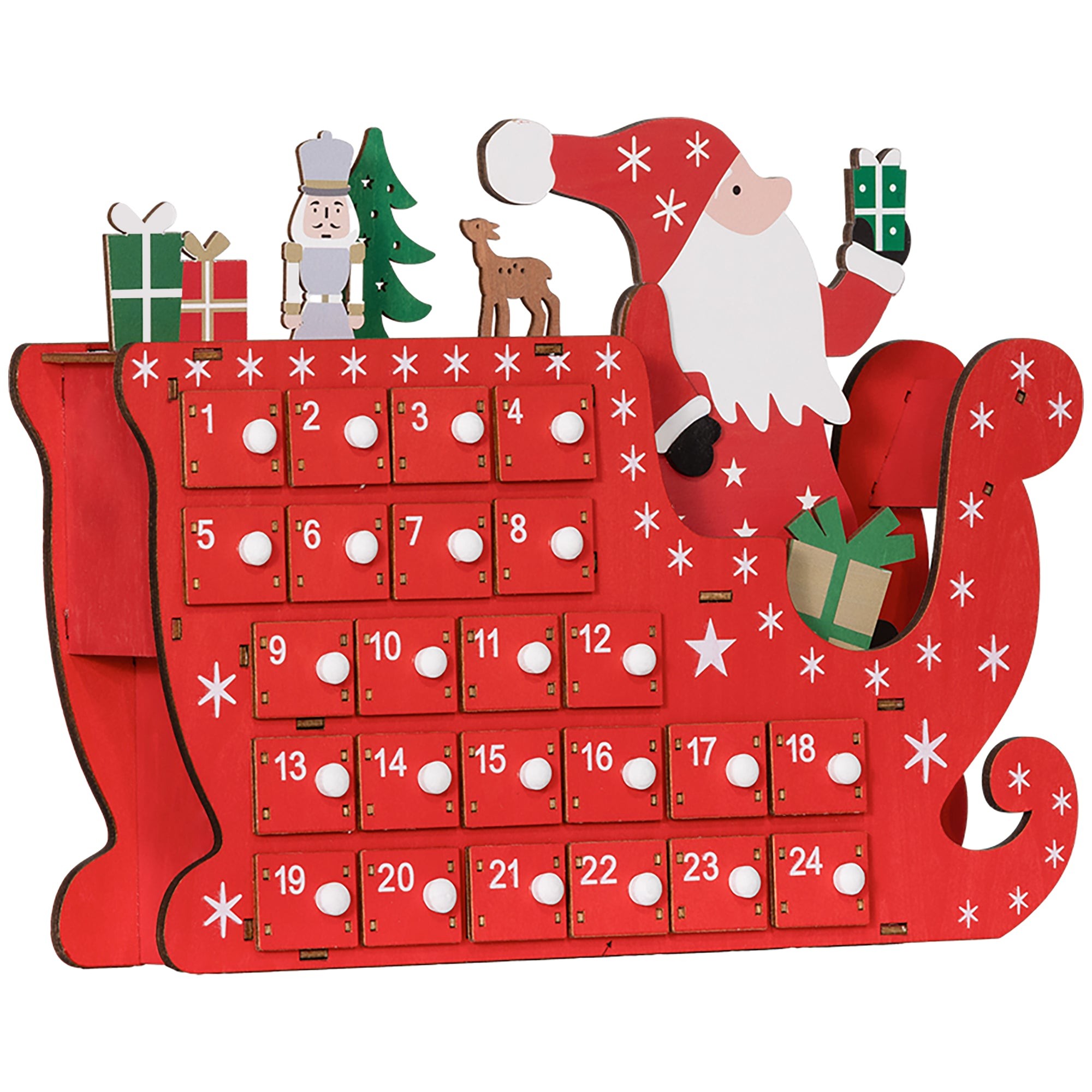 Red wooden advent calendar shaped like a sleigh, featuring 24 drawers numbered 1 to 24, decorated with snowflakes, Santa, a snowman, and a reindeer.