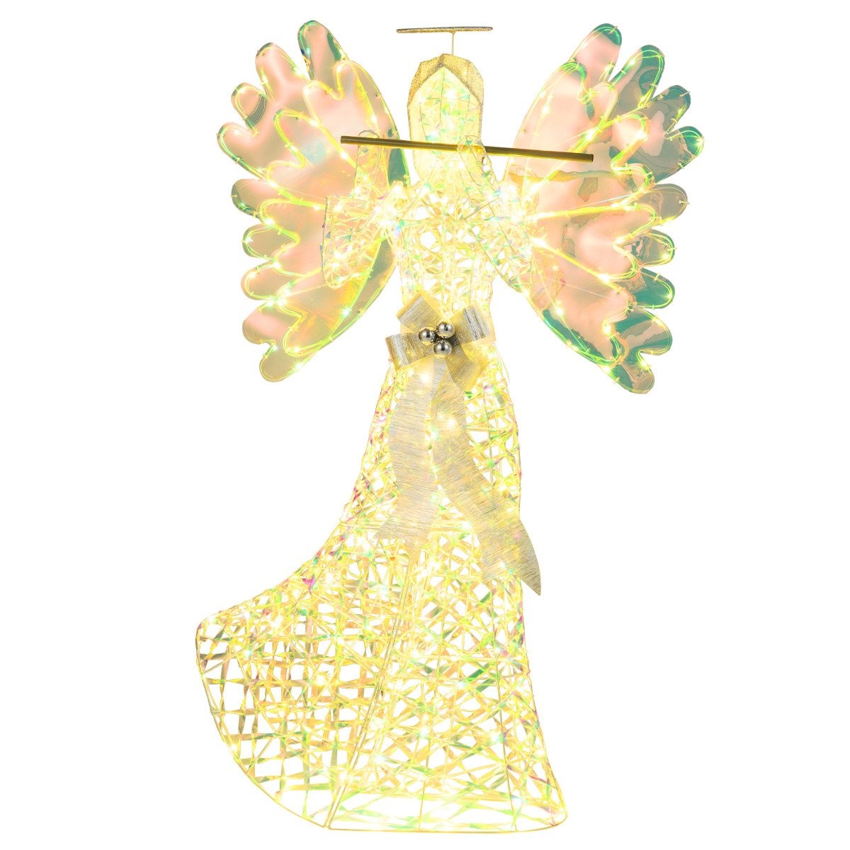 Lighted angel decoration features a delicate design with pink and green wings, a flute, and is adorned with 250 warm white LED lights, creating a festive glow.