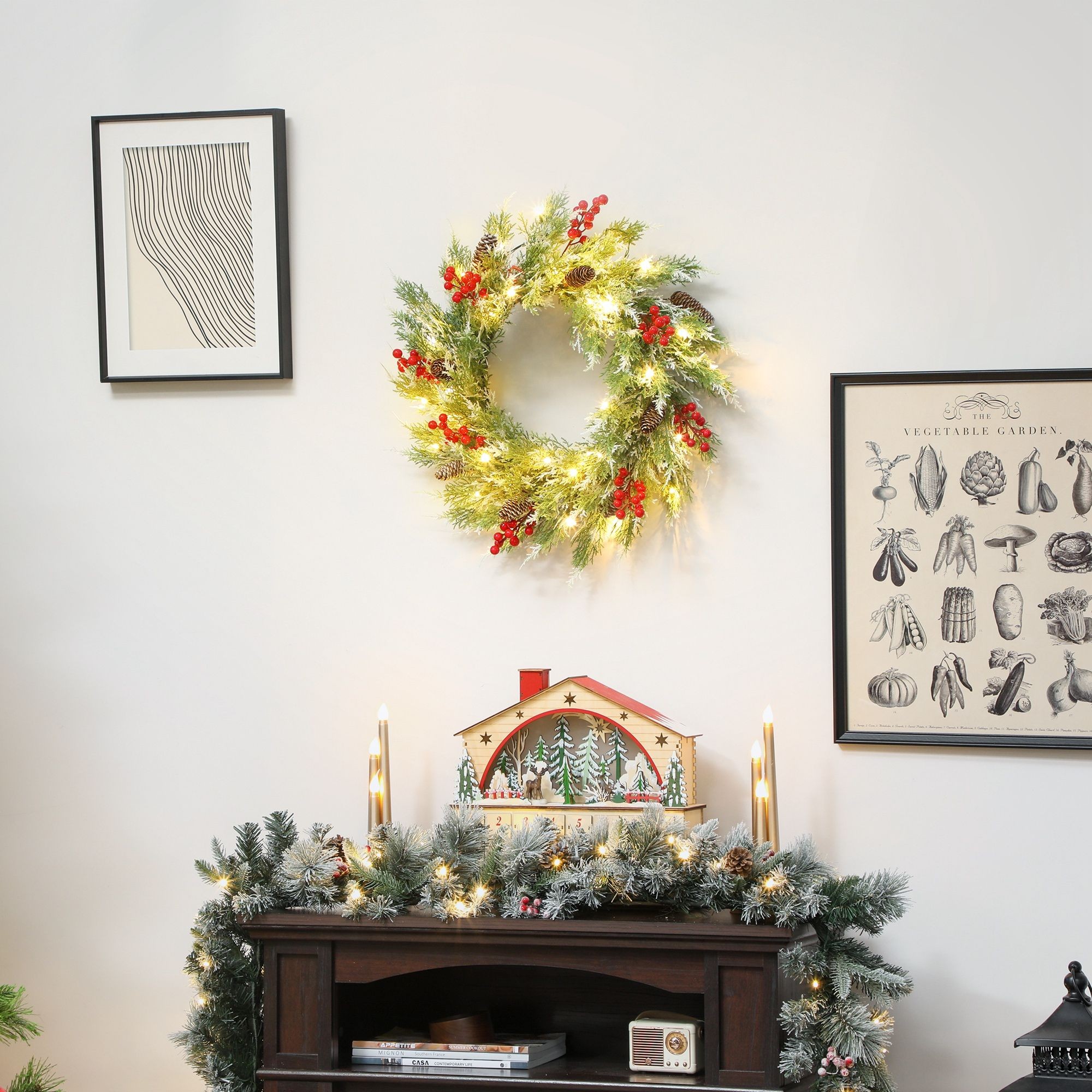 StarBright 30 Warm White LED Pre-Lit Wreath with Berries and Pinecones 60cm - image 2