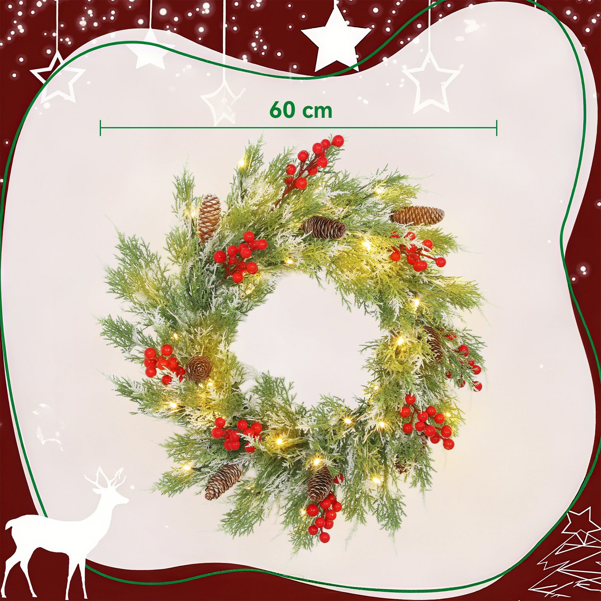 StarBright 30 Warm White LED Pre-Lit Wreath with Berries and Pinecones 60cm - image 4