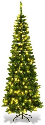 Artificial green pencil Christmas tree, 7.5FT tall, featuring dense branches and warm white LED lights, mounted on a sturdy black metal base.