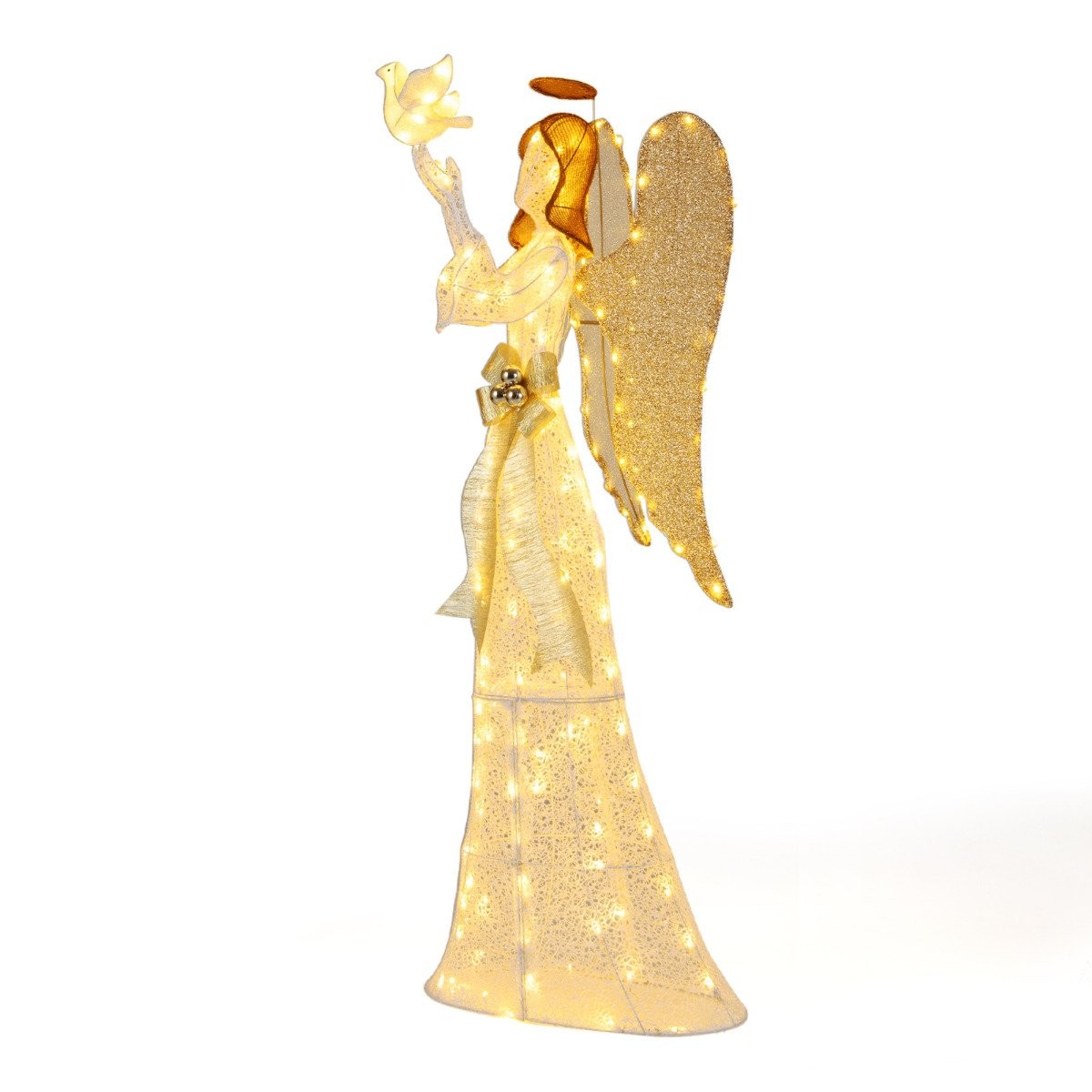 3D lighted angel decoration in white and gold, featuring golden wings, holding a white pigeon, adorned with sparkling lights for a festive touch.