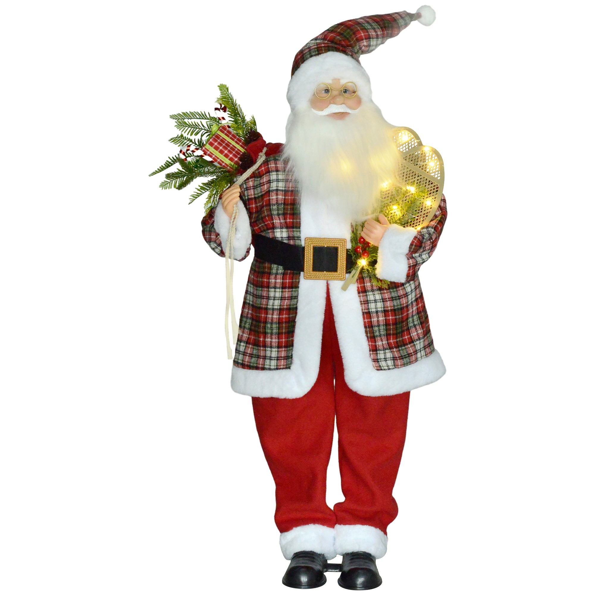 Animated Santa Claus figure, 133cm tall, dressed in a red and plaid outfit, holding a gift and greenery, features sound-activated festive music and a light-up decoration.