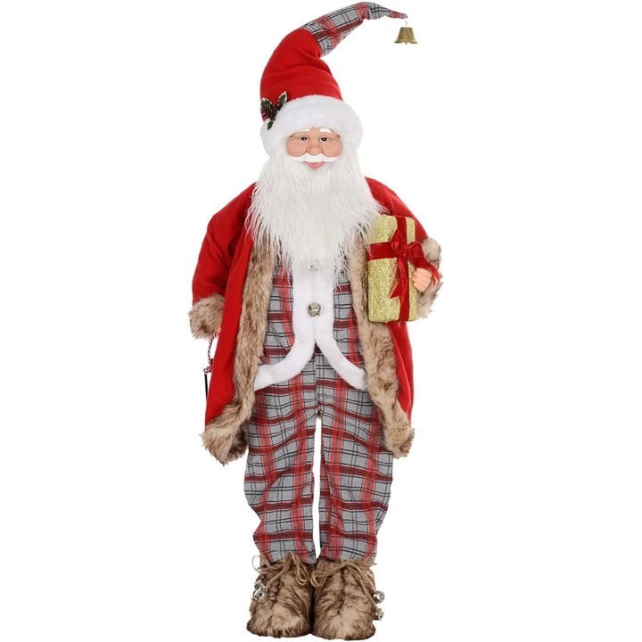 Animated Santa Claus figure, 141cm tall, dressed in a red coat with fur trim, plaid pants, holding a gift, with sound activation feature and a jingle bell on his hat.