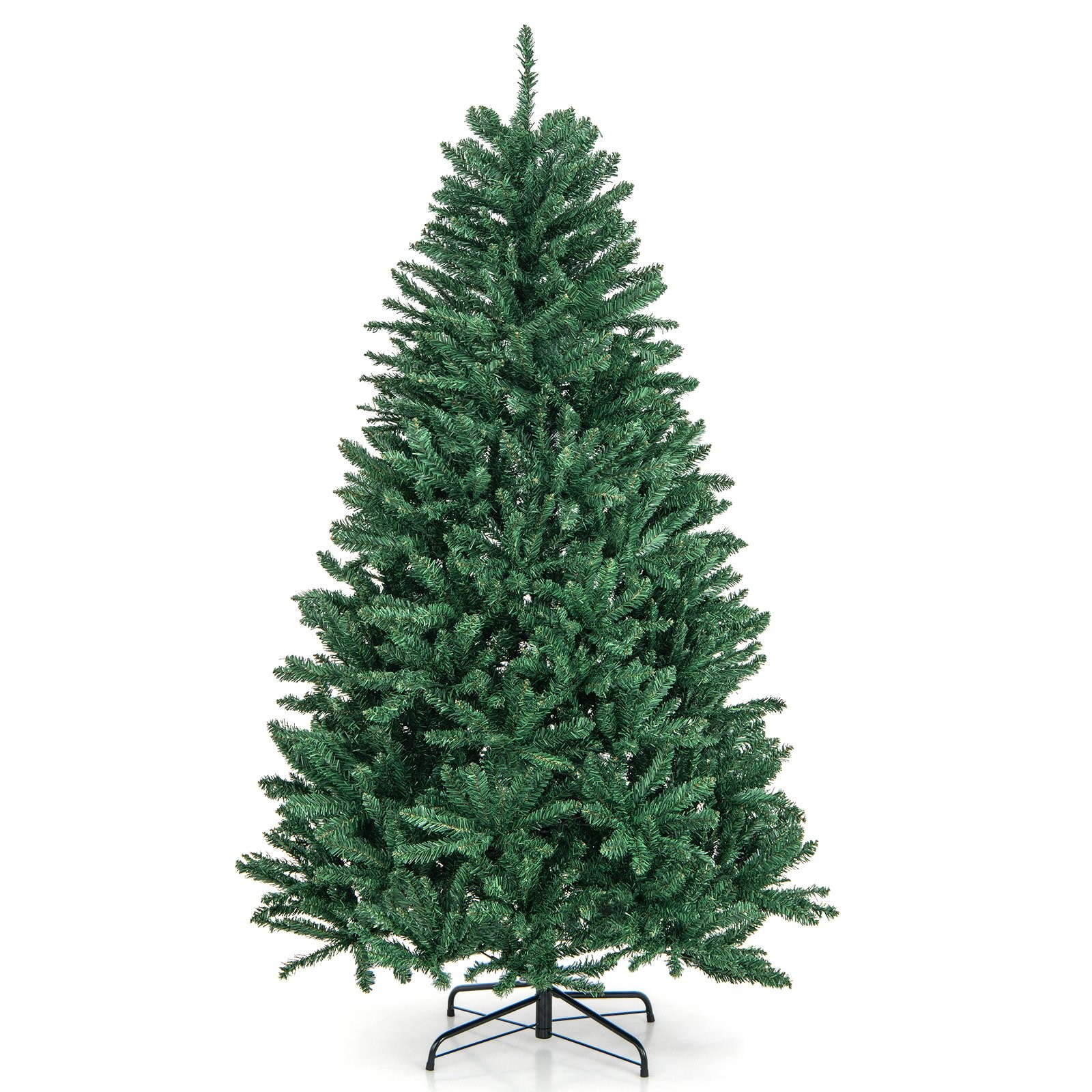 6 ft artificial Christmas tree with lush green PVC branch tips and a sturdy black metal base, designed for a festive holiday atmosphere.