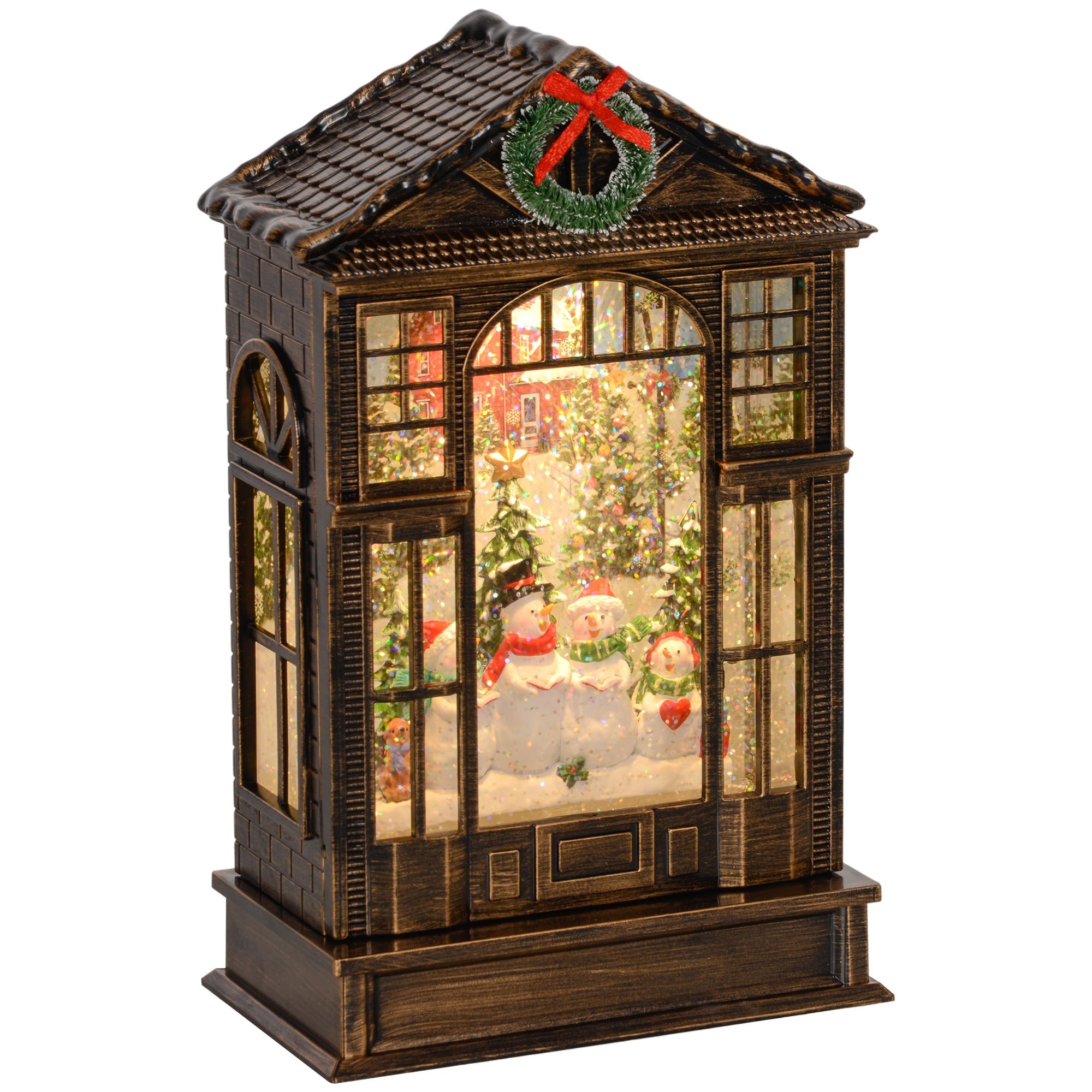Bronze-tone Christmas snow globe lantern featuring a winter scene with three snowmen, illuminated lights, and a festive wreath on top.