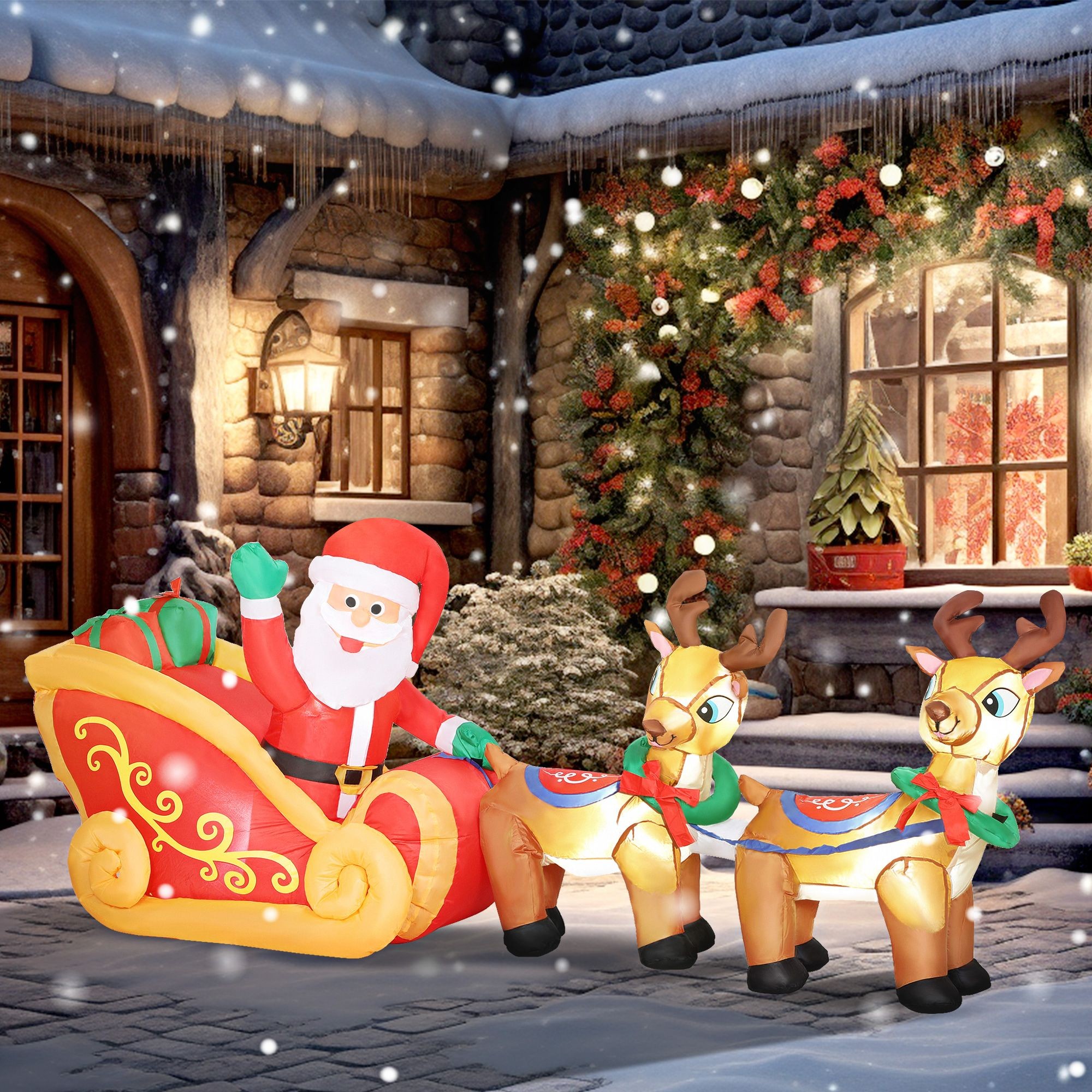 A 7.9ft inflatable Santa in a red suit waves from a colorful sleigh, accompanied by two reindeer, set against a snowy, festive backdrop with holiday decorations.