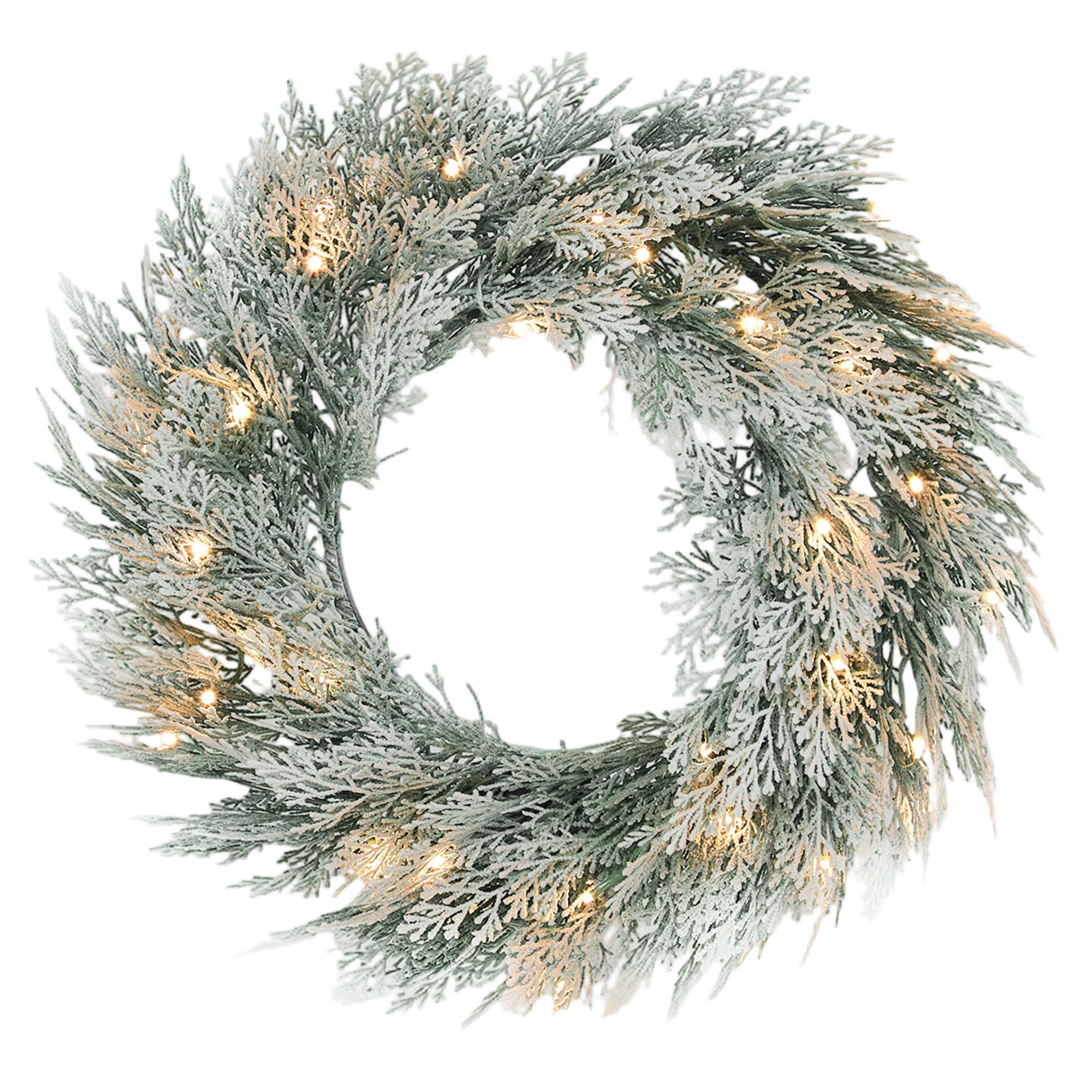 Green flocked Christmas wreath measuring 60 cm, adorned with warm white lights and featuring a timer for easy use, perfect for decorating front doors.