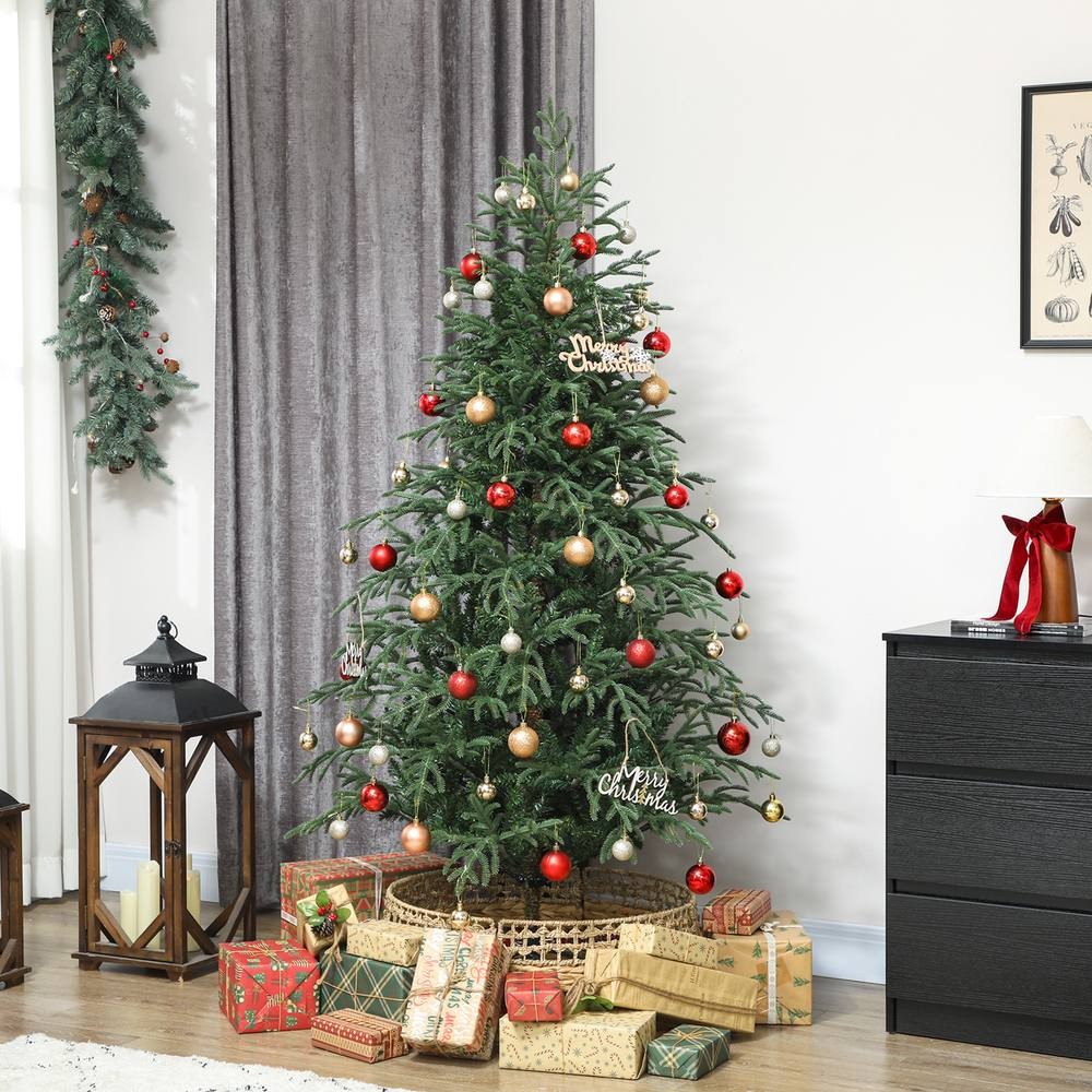 Full 5ft green spruce Christmas tree with realistic tips, adorned with red and gold ornaments, and placed in a woven basket, surrounded by wrapped gifts.