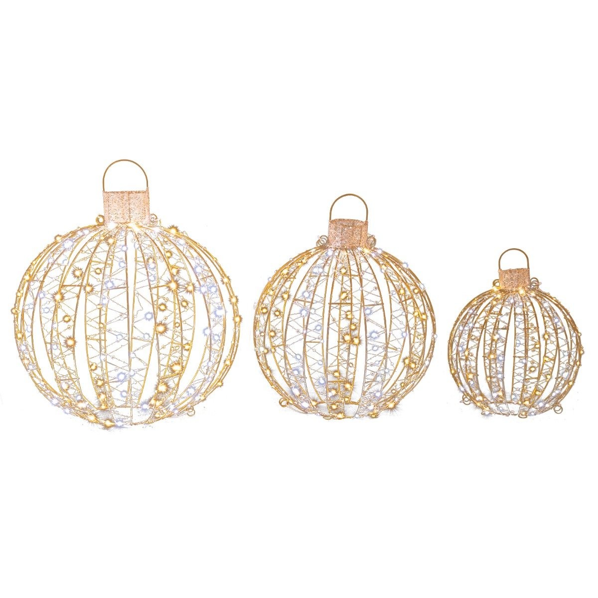 Three golden LED ball lights in varying sizes, made of wire with decorative beads, accompanied by 30 cable ties for easy installation on trees, lawns, or gardens.