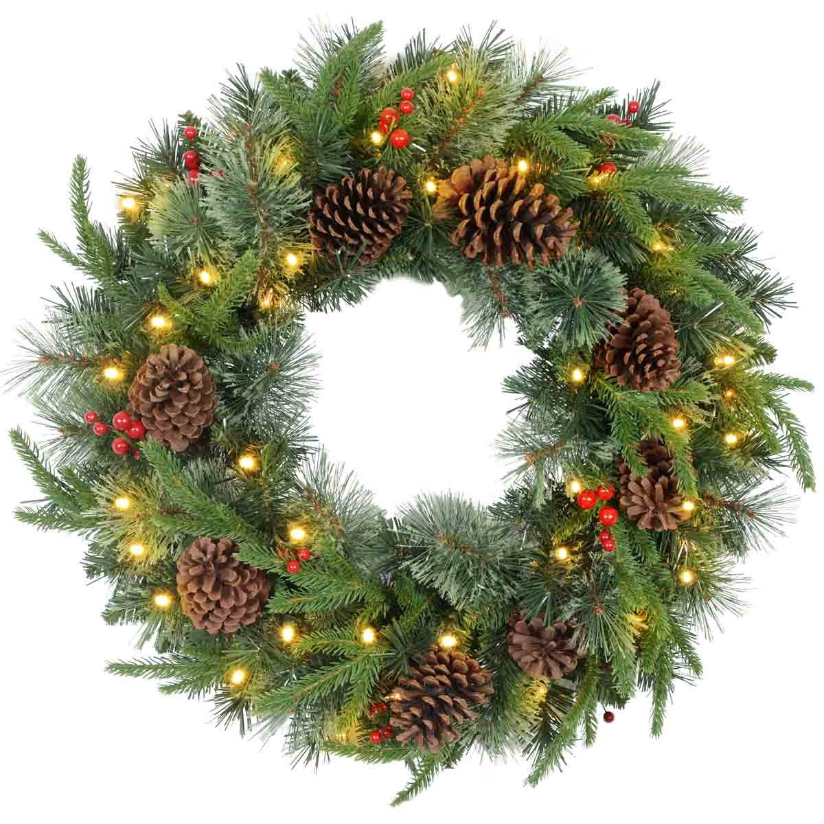 A 60cm Christmas wreath featuring green pine foliage, adorned with pine cones, red berries, and warm LED lights for festive decoration.