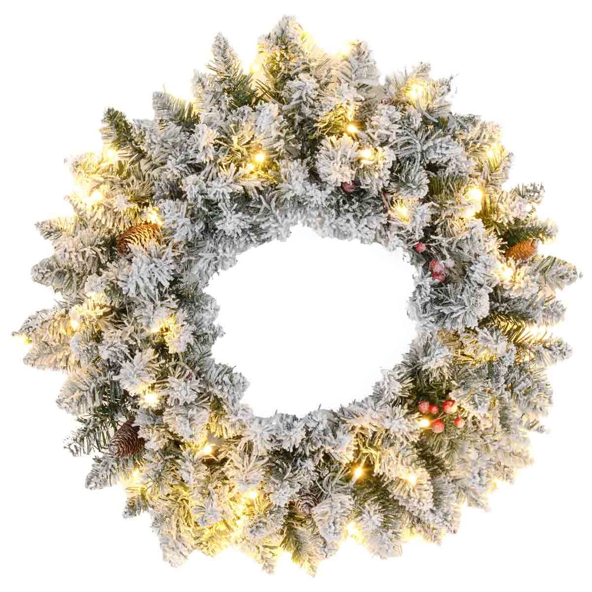 60cm green flocked Christmas wreath adorned with pine cones, red berries, and warm white lights, featuring a snowy appearance for a festive touch.